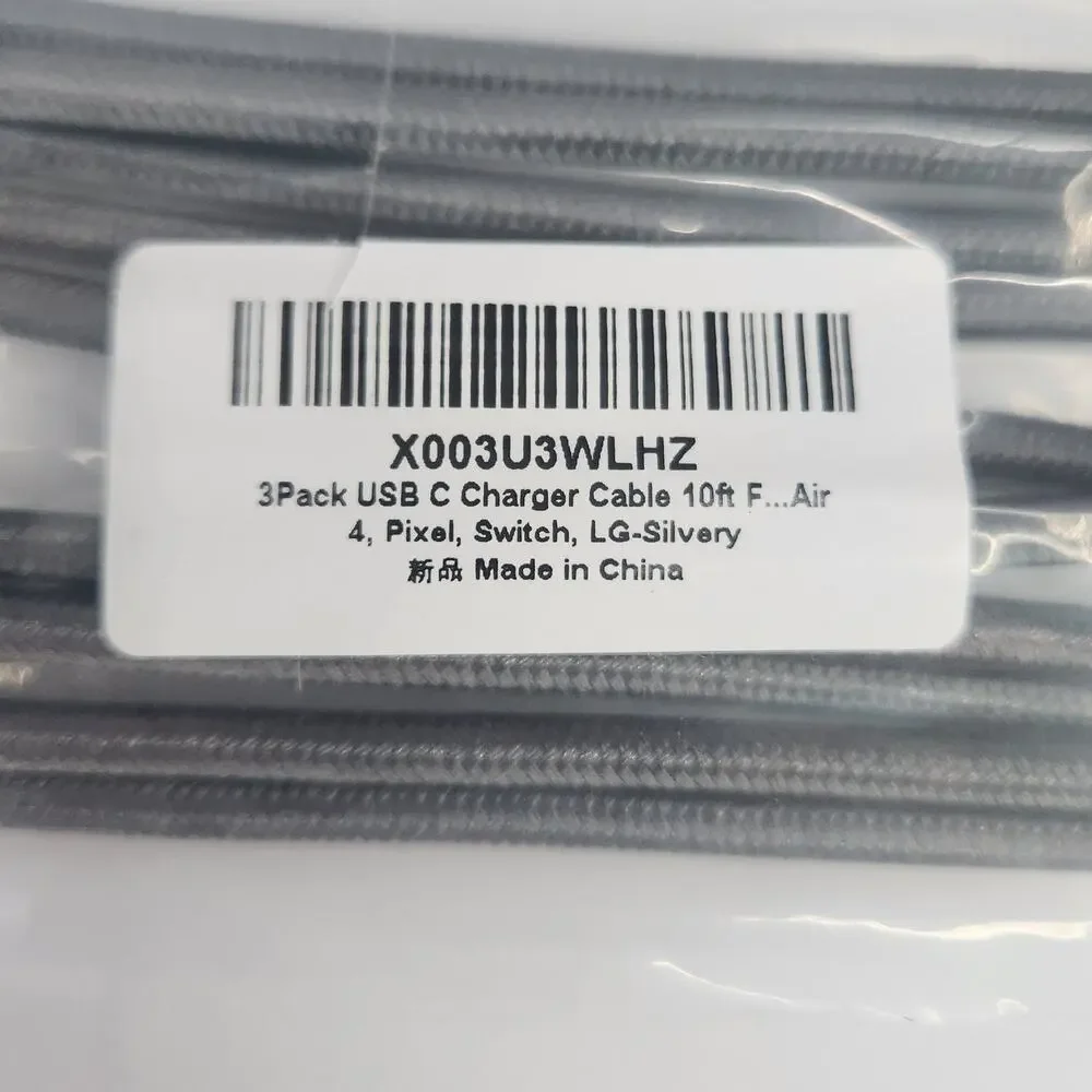 Pack of 3 USB C to Type-C Charging Cables, 10 ft Gray Phone Charger Braided Cord
